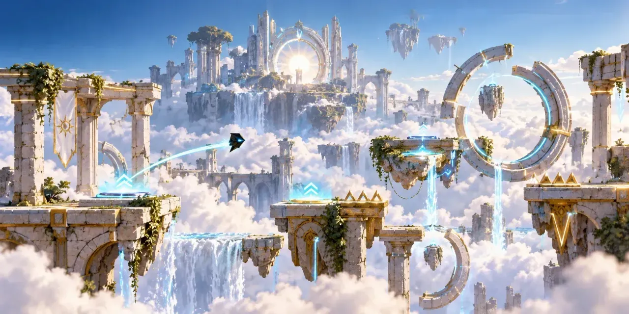 A black arrow craft races past floating marble temples and a ring gate above the clouds.