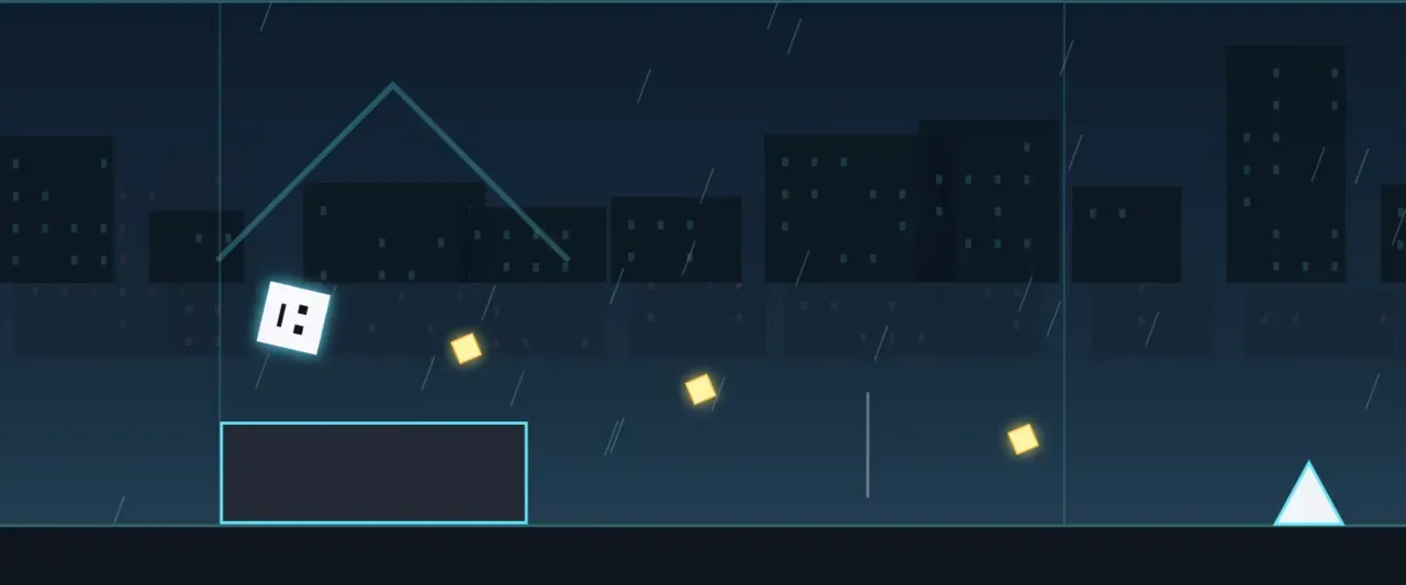 An original CONCEPT67 level: a square runner, triangle spikes and diamonds on a rainy night line.