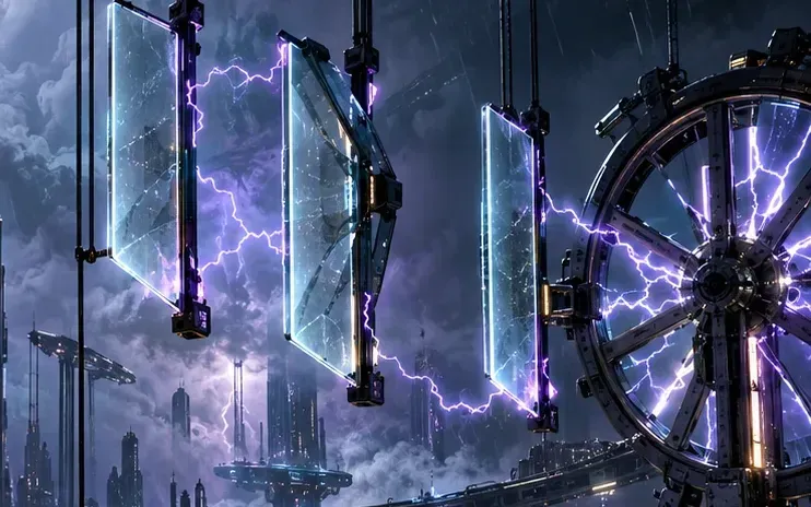 Stormglass City — A vertical megacity inside a violet storm.