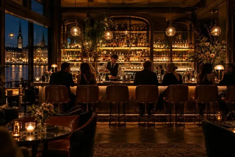 A lounge bar at night, guests at the counter and bottles lit behind it.