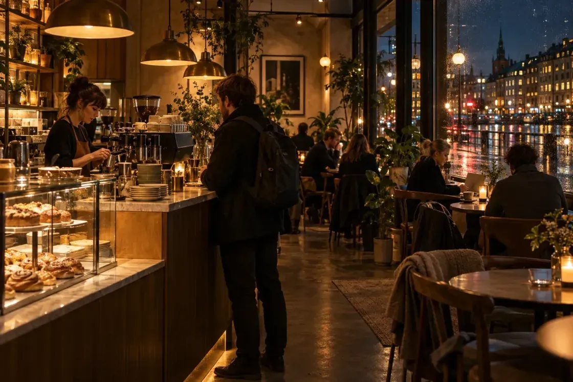 A warm café at night with staff behind the counter and guests at the tables.