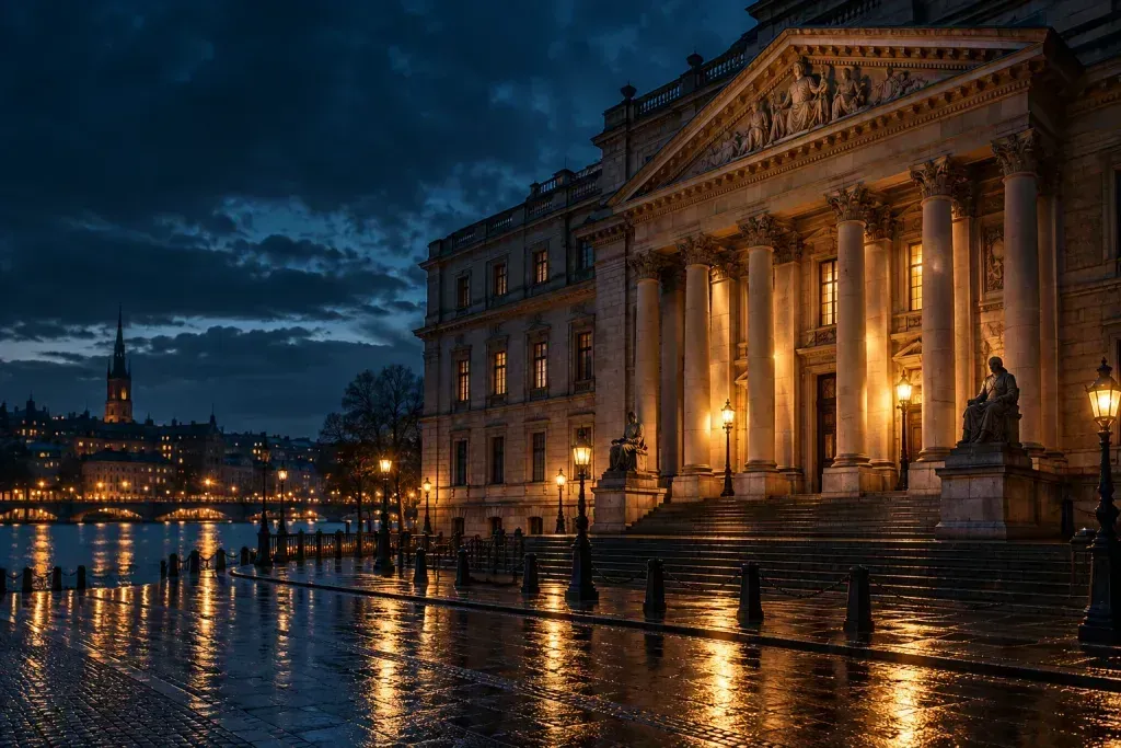 A columned courthouse on the Stockholm waterfront at night.