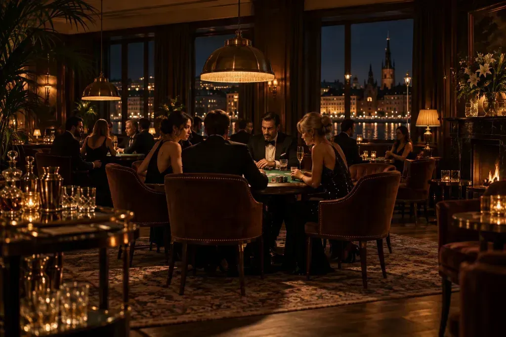 A private card room at night, players at the tables and the city's lights beyond the windows.