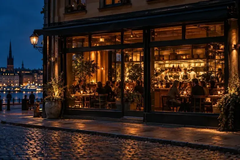 A restaurant dining room at night.