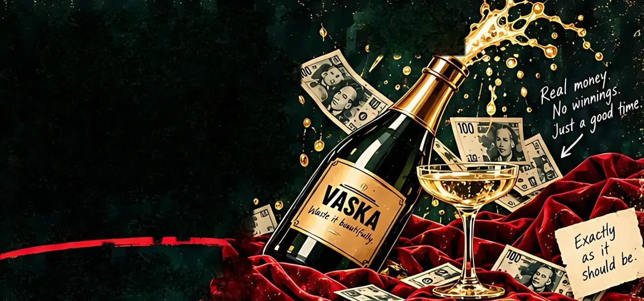A VASKA champagne bottle, a coupe glass and banknotes on red velvet.