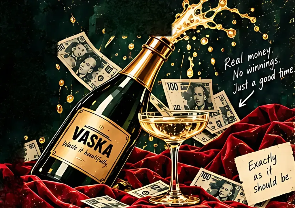 A VASKA champagne bottle and a coupe glass on red velvet.